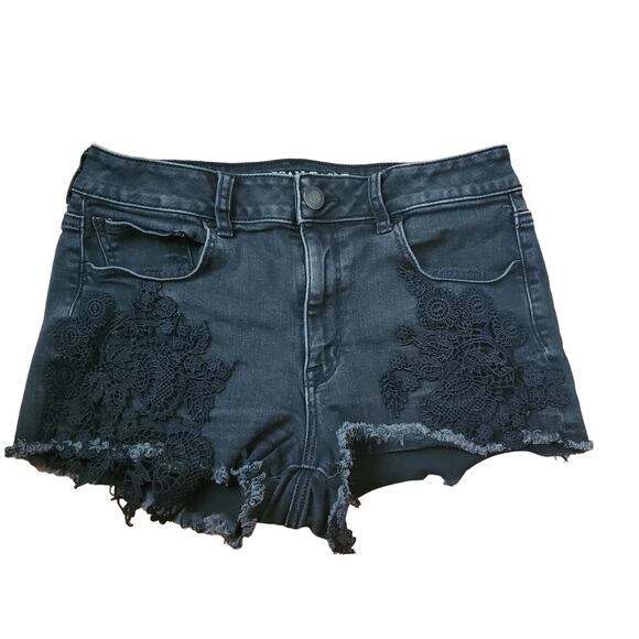 American Eagle Hi-Rise Shortie Lace Embroidery Black Denim Shorts Women's 10 - Picture 2 of 14